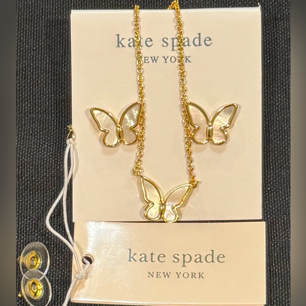 Kate Spade Gold Butterfly Necklace/Earring Jewelry Set-Mother of Pearl Stone